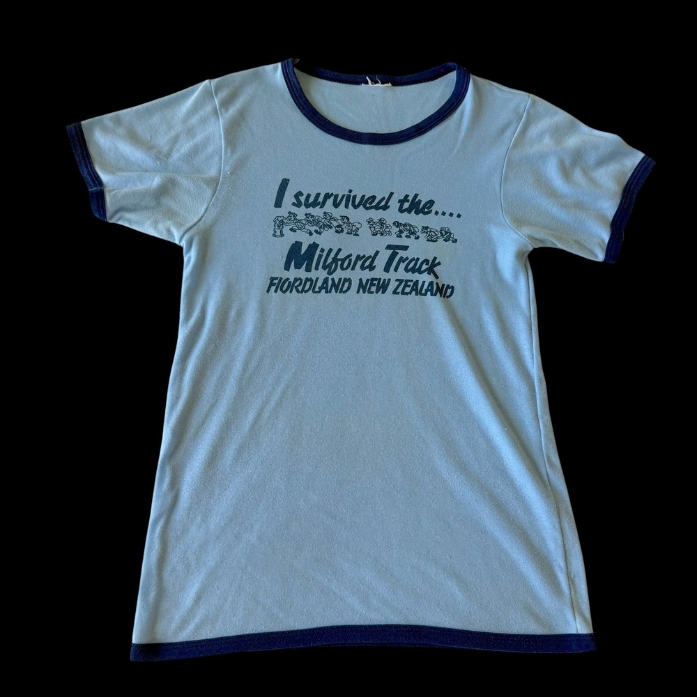 Vintage 60's Milford Track Fiordland New Zealand Ringer T-Shirt Blue Small